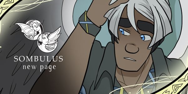 Preview of Sombulus featuring Argus rubbing his head with a confused expression. The border features glowing magic rune strands and reads "Sombulus - New Page"