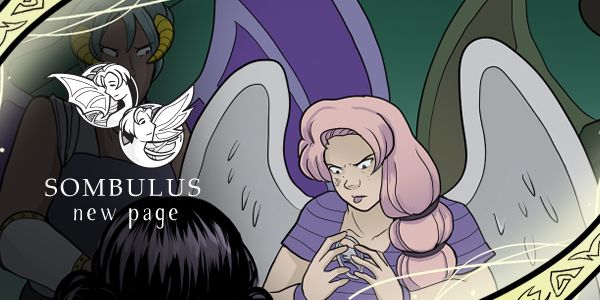 Preview of Sombulus featuring Kazar holding her earring with a determined expression. The border features glowing magic rune strands and reads "Sombulus - New Page"
