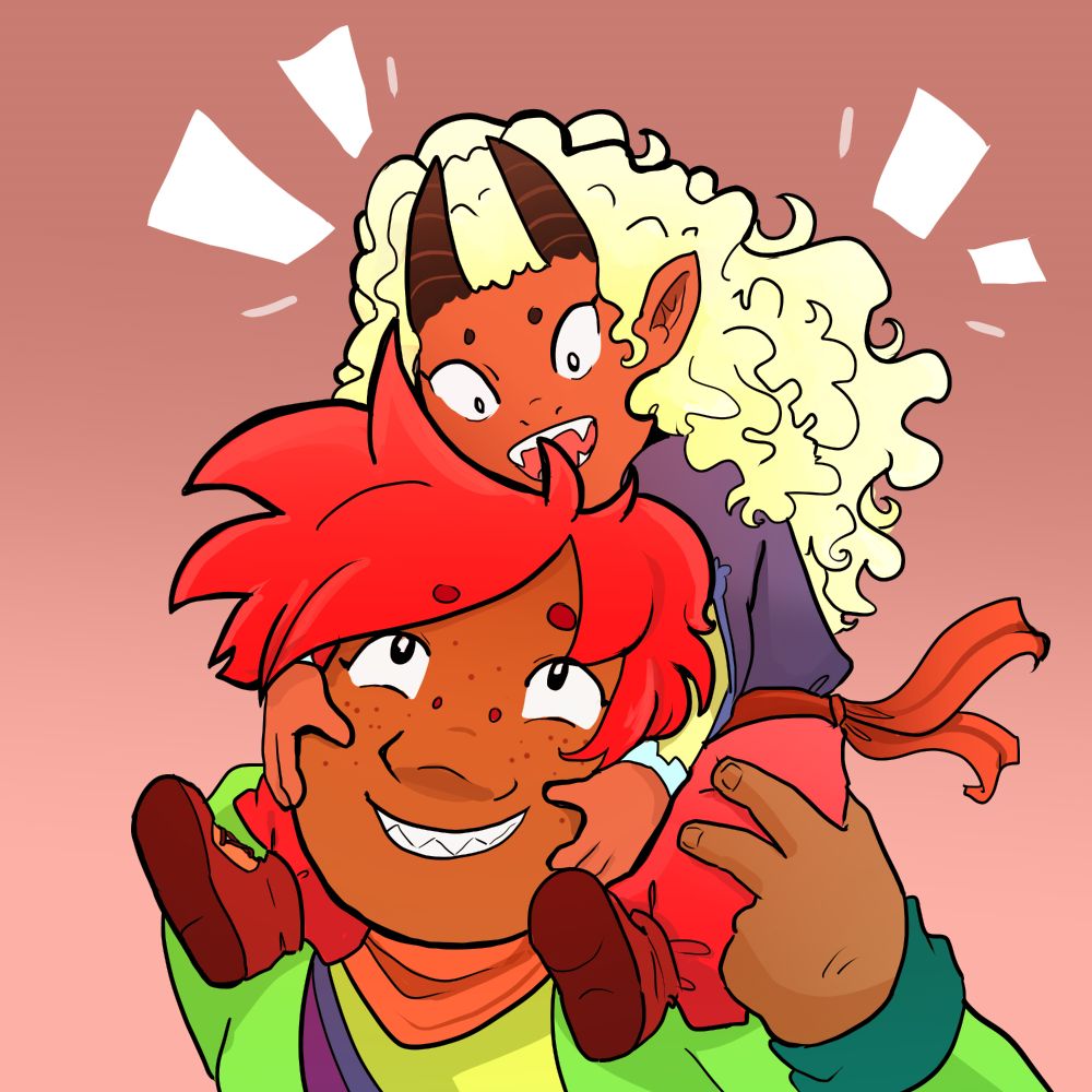 Hana and Baby from the webcomic Kings of Sorts. Baby sits on Hana's shoulders, wrapped around his head chatting excitedly.