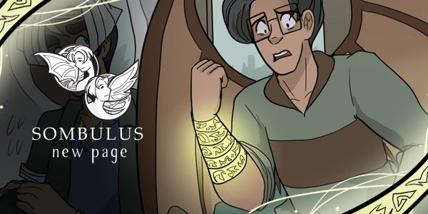 Preview of Sombulus featuring Tenge looking at the magic runes on his arm with a panicked expression. The border features glowing magic rune strands and reads "Sombulus - New Page"