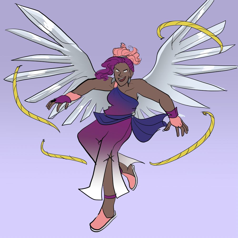 Cioara from the webcomic Sombulus. She has knives for wings and wears a gradient-purple jumpsuit with purple/magenta hair