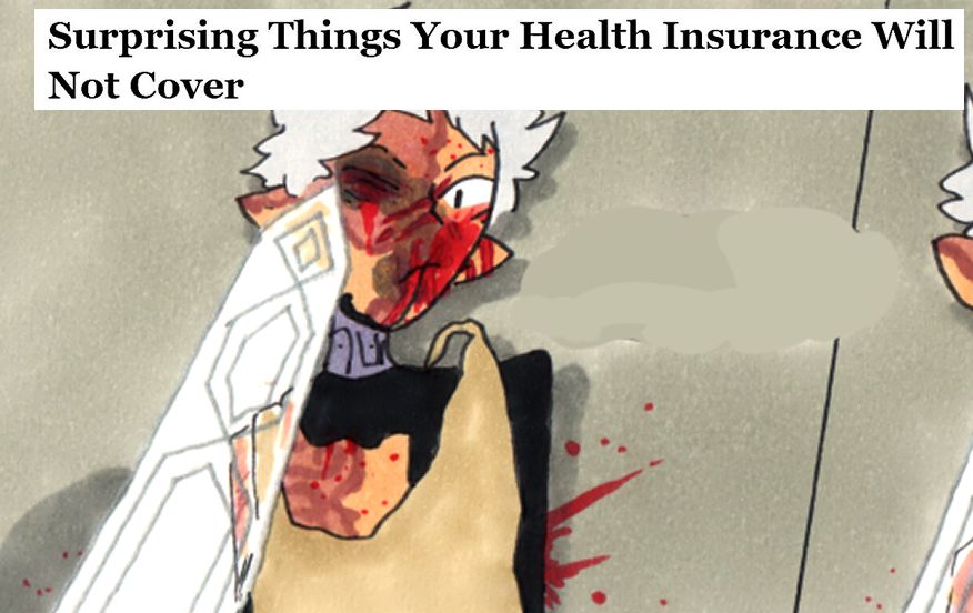 A very bloodied Bonic from the webcomic Kings of Sorts. Screenshot from The Onion reads "Surprising Things Your Health Insurance Will Not Cover"