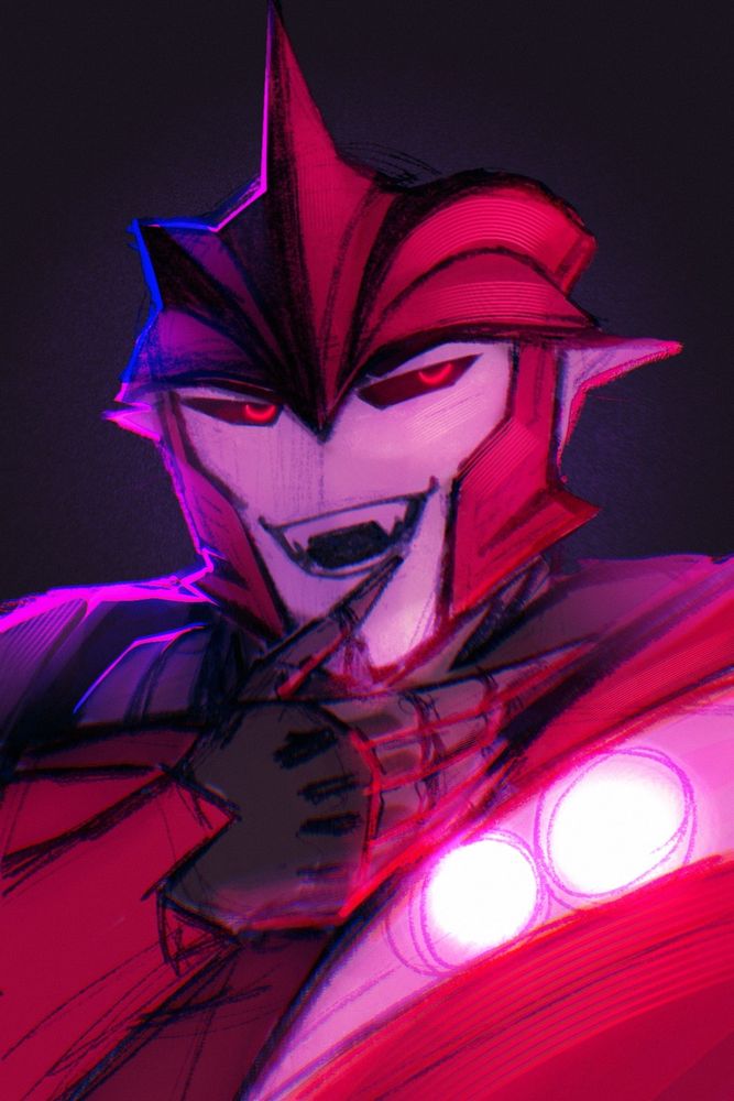 Digital sketch of Knockout from Transformers Prime. He is looking off screen with a wide grin, revealing a pair of fangs. He's brushing something off of his lower lip plate with his thumb.