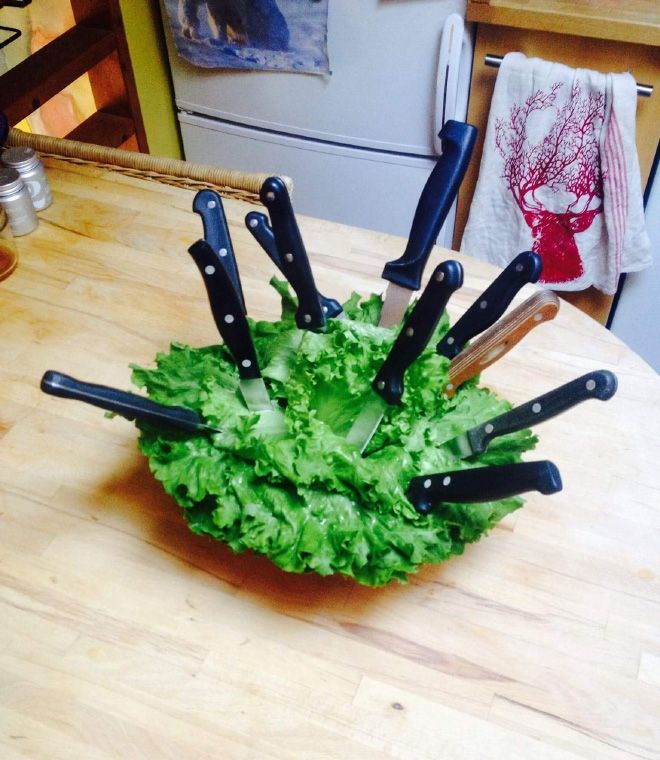 Salad with a buncha knives stuck in it. It's a Caesar.