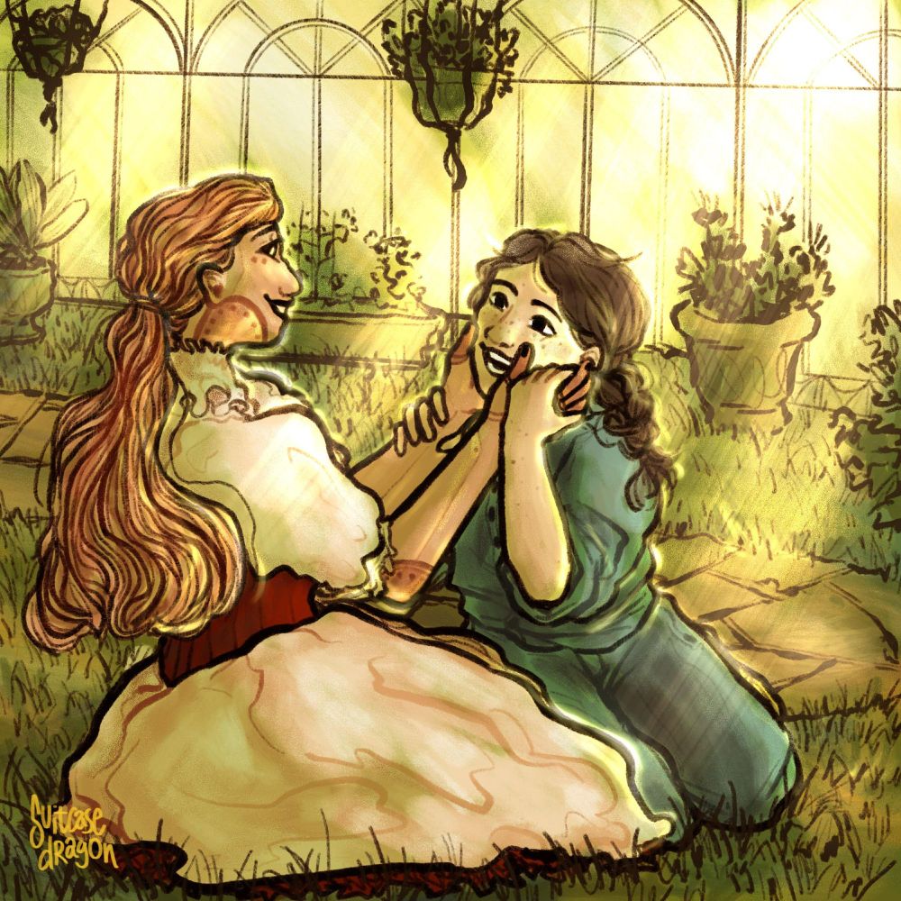 Digital illustration of two original characters, Anna (left) and Teal (right) sitting on grass in a greenhouse lit up golden with beams of sunlight. Anna is a steampunk robot with long hair wearing a poofy cream dress and red corset; Teal is a human with messy braided hair wearing a blue-green suit. Anna is cupping Teal's face in her hands, and they both appear to be smiling gently.