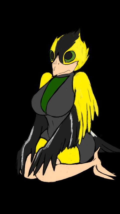 An anthropomorphic bird girl with yellow and black feathers wearing a grey bodysuit with a green triangle over her large chest. #furry #furryart #anthro #bird