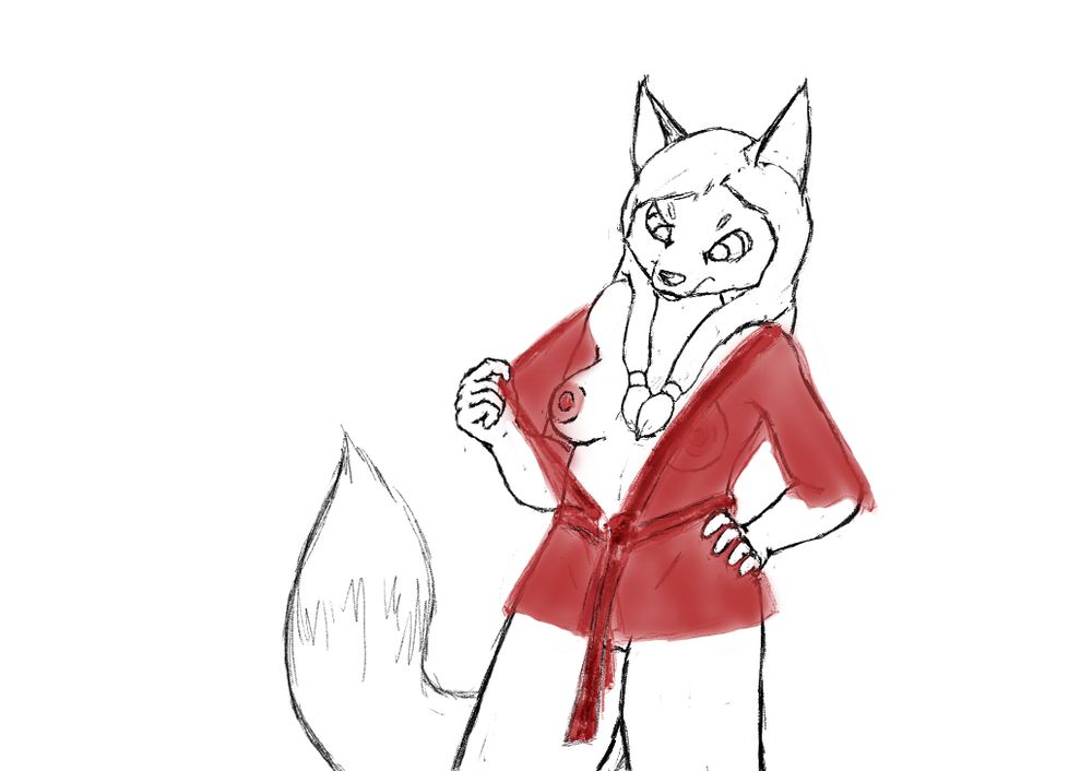 Nude Fox Girl named Sunny Day wearing a loose red robe the same color as her nipples. She is holding one side open, revealing her bare breast underneath.