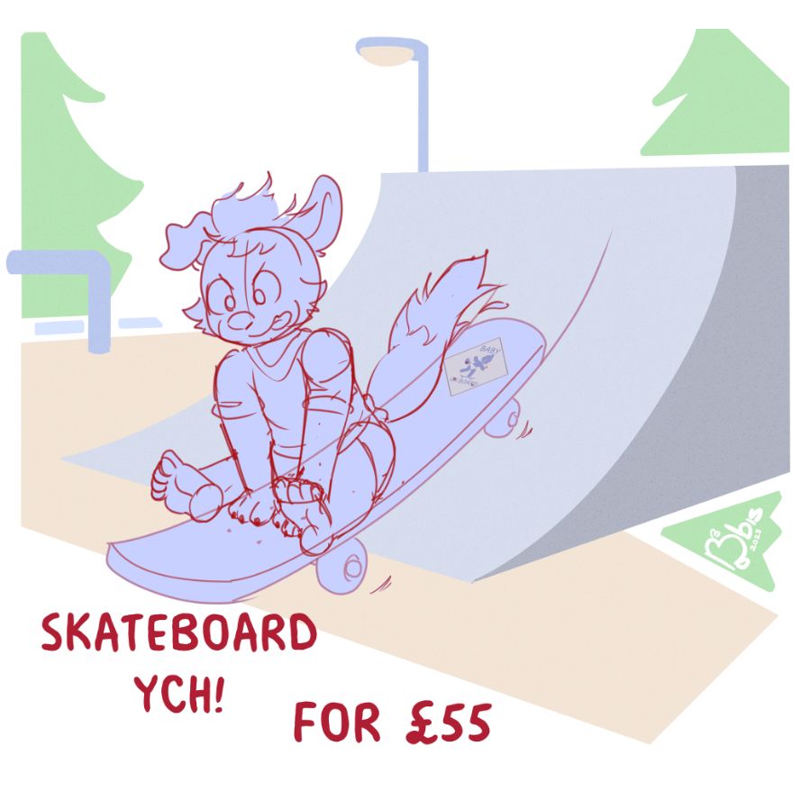 Skateboard YCH! FOR  £55

Anthro pup character sat on a skateboard, rolling down a skate ramp.