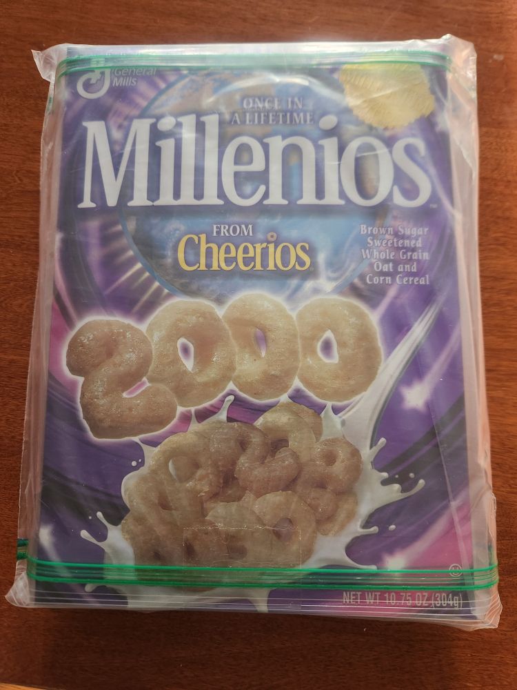 A box of "Millenios" cereal from the '90s.