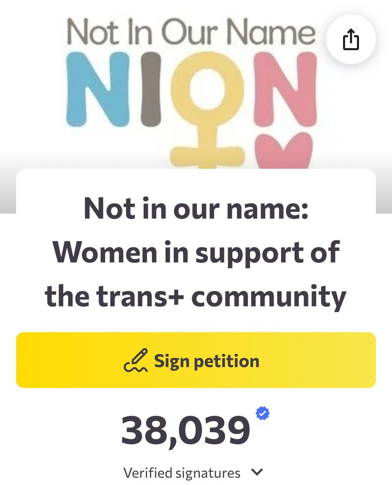 Not In Our Name
NION
Not in our name:
Women in support of the trans+ community
2. Sign petition
38,039
Verified signatures 