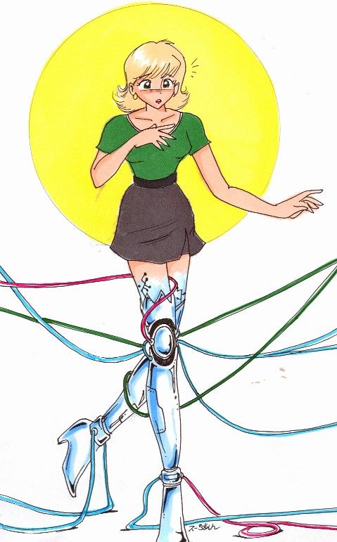 A blonde woman in a green shirt and black skirt finds her legs tangled in cabling as they begin to transform into shapely, shiny metal. Art by Sue-Chan!