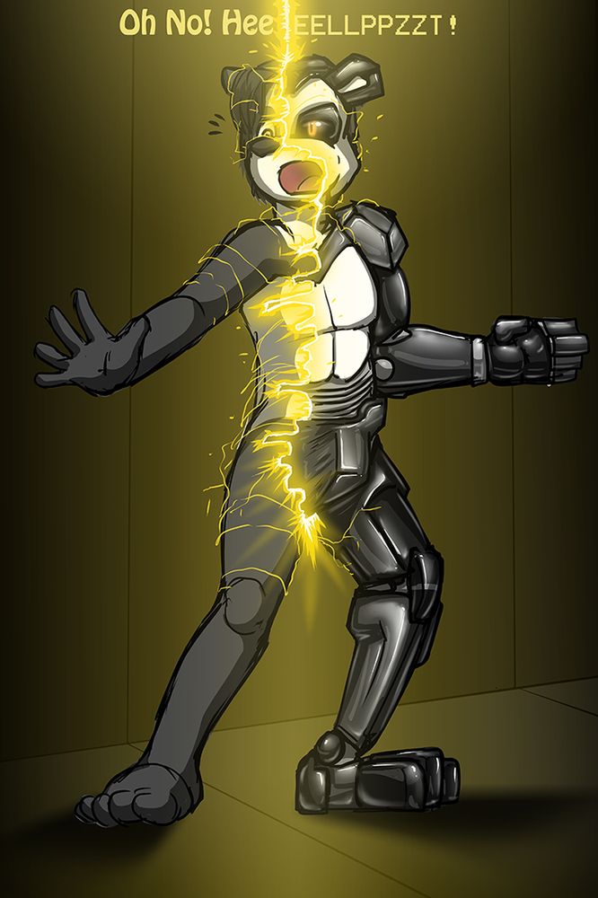 Blocky roboticiziation on a conveyor-carried Dax as the panda gets surprised by the quick effects of that cascade of energy. Art by RedFlare500.