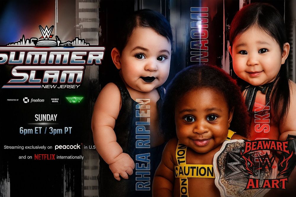 Photo by BeAware on August 03, 2025. May be an image of ‎3 people, baby, poster, magazine and ‎text that says '‎UIMMER SLAM NIEW JERSEY PYOTRITIS37 freedom nHEИWE HIJAN. SUNDAY 6p 6pTET/3pT ET 3pT PT Streaming exclusively Streamingexclusively on peacock in U.S and on andanNETFLIXintemational NETFLI intemnationally 監 AT лTeTa ៥ា០ עורב সলਲ HEARIPLEN RHEA CAUTION ረ SHL BEAWARE AI ART‎'‎‎.