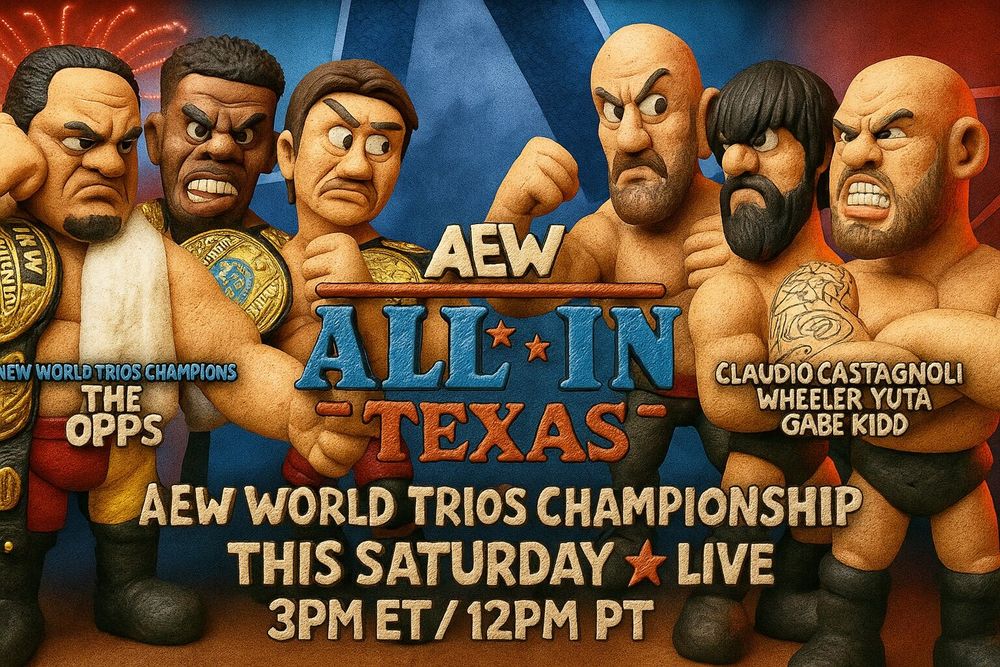 Photo by BeAware on July 12, 2025. May be an image of poster and text that says 'WORLD TRIOS CHAMPIONS THE OPPS 200 T ૬ AEW ALL**IN CLAUDIOCASTAGNOLI CLAUDIO CASTAGNOLI IN -TEXAS WHEELER YT GABE GABEKIDD KIDD AEW WORLD TRIOS CHAMPIONSHIP THIS SATURDAY 女 LIVE 3PM ET/12PM ET/ 12PM PT'.