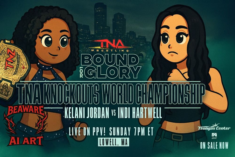 Photo by BeAware on October 12, 2025. May be pop art of poster and text that says 'HadR 花 WRESTLING WRES BOUND VAV GLORY TNA KNOCKOUTS WORLD CHAMPIONSHIP BEAWARE KELANI JORDAN VS INDI HARTWELL LIVE ON PPy! SUNDAY 7PM ET AI ART Tsongas Center C ONSALENOW ON SALE NOW'.