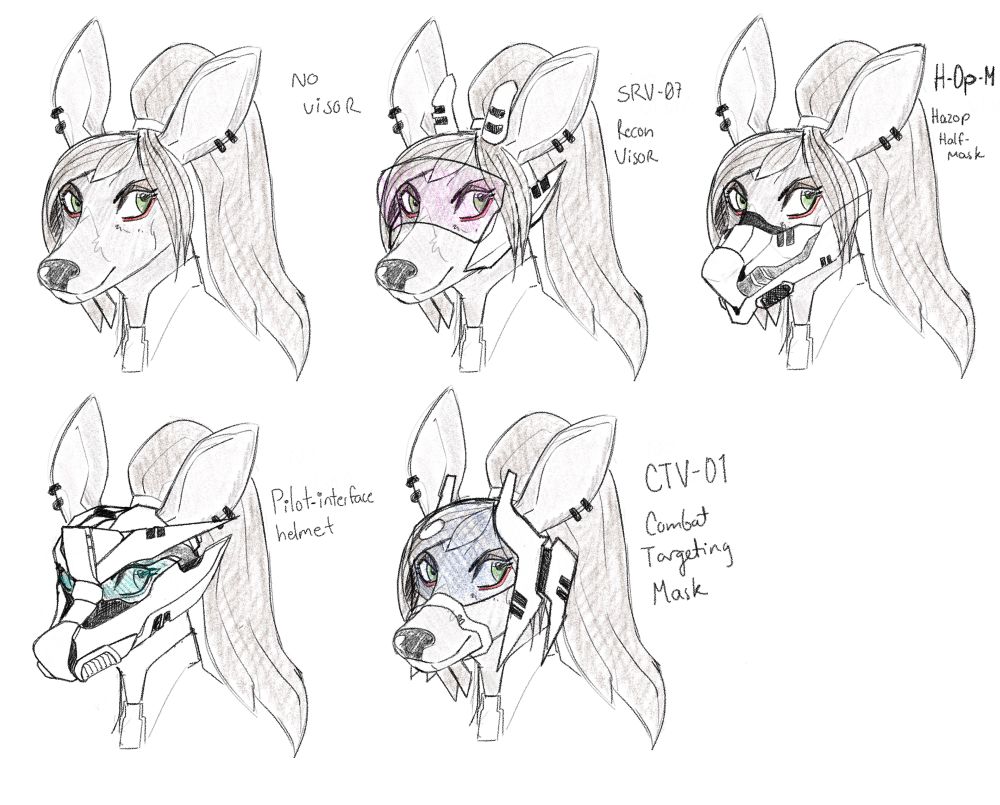 An anthropomorphic Doe with a ponytail wearing various visors and masks with different functions 