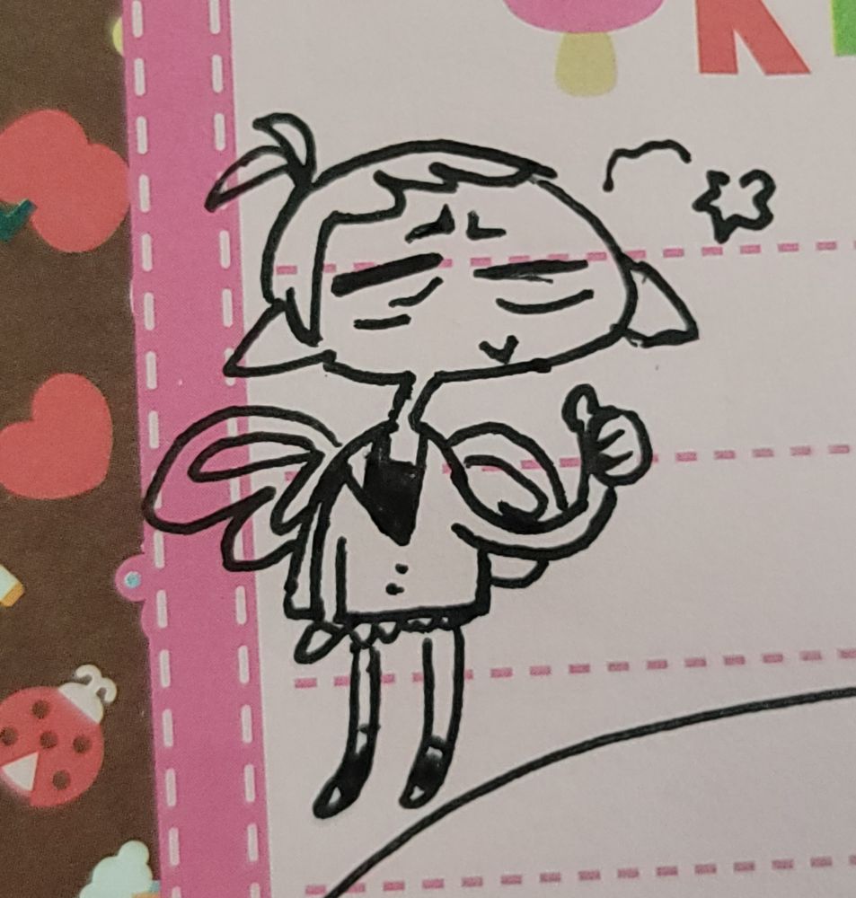 A doodle of a haggard looking fairy, giving a thumbs up.