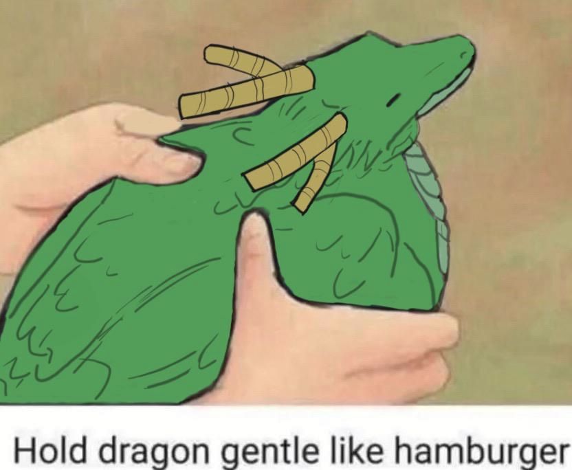 Art of a small, horned, pigeon-sized green dragon being held by a child's hand. Underneath it, the text reads "Hold dragon gentle like hamburger."