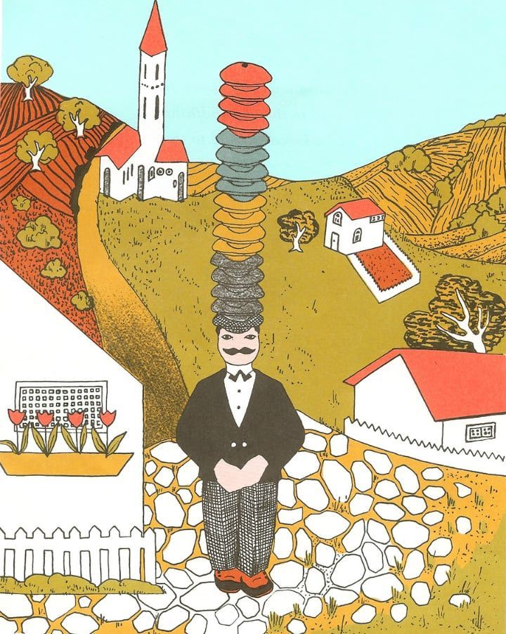 An image from the storybook Caps for Sale. (1940) written and illustrated by Esphyr Slobodkina.  The peddler is wearing a stack of hats for sale on his head. 

