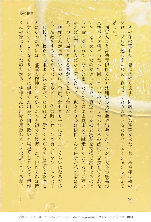　その冬の終わりに夏には帰りますと同居人から連絡が来た。じゃあ今年は梅のシロップも仕込もうかなあ。食べてくれる人がいるならバリエーションも増えて嬉しい。
　同居人こと善法寺伊作くんとは地域の交流会で出会った。ビンゴ大会の景品の真空パック機が当たって困っていたので、よかったら私の洗剤と交換してくれない？　と声をかけたのがきっかけだ。真空パック機と洗剤を交換で済ませるのはつり合いが取れていないと思ったのでそのまま食事をご馳走したところでお互いなんだか面白い人だなと気が合って、色々あり今は伊作くんの住所が私の家にある。つまり帰ってくる家がここというわけだ。
　伊作くんが日本にいるのは、全部合わせても一年にふた月半くらいになるだろう。結婚をするつもりはないからと二十代の時にローンで買ったマンションは１ＬＤＫで、長らく心地よい我が家だったけれど、伊作くんがうちに住所を移すことになった時には二部屋の物件にしなかったのを初めて後悔した。伊作くんは特に気にすることなくリビングに伊作くん用の布団を敷いて寝起きしている。伊作くんの家にもなったのだから、伊作くんの部屋を用意したいとは思っているが、
