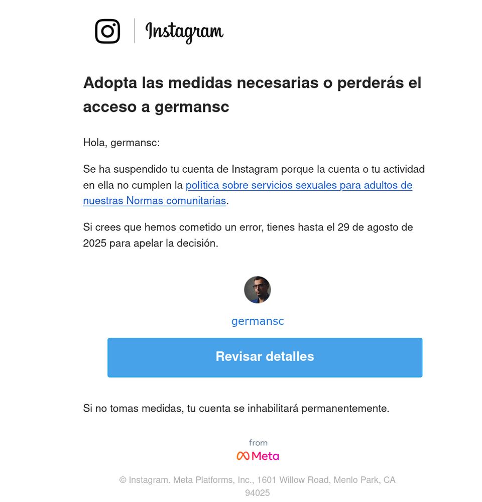 Screenshot of a disabled account on Instagram