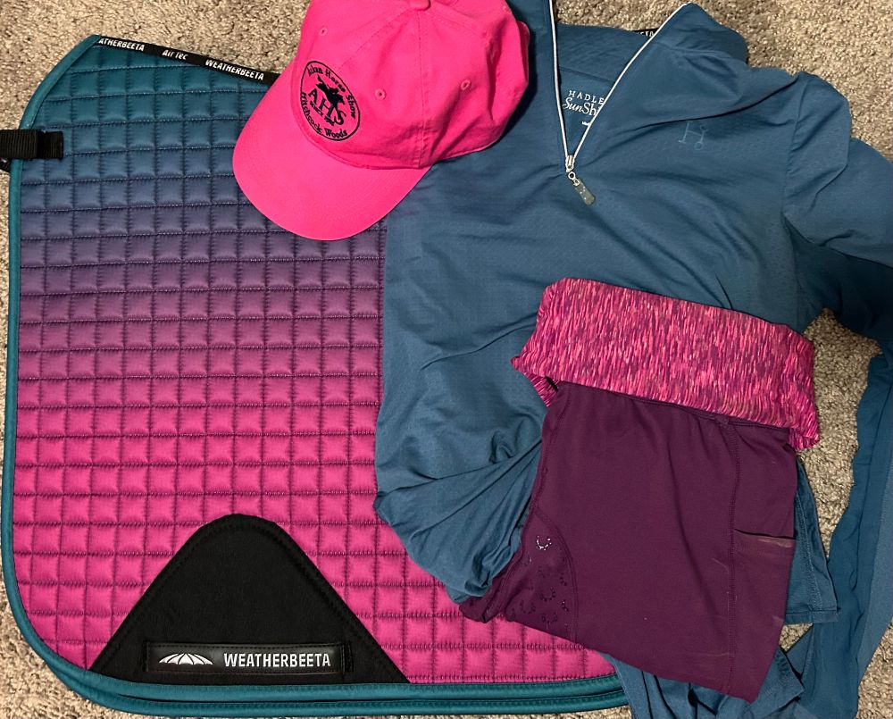 Pink and blue matching saddle pad and riding outfit