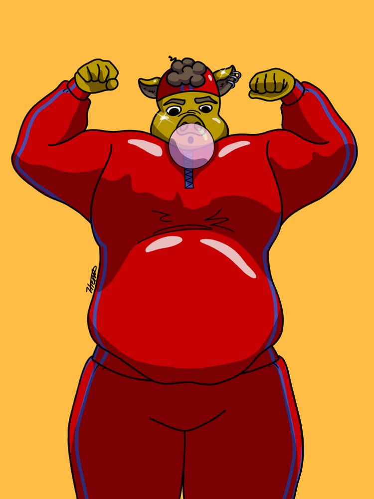 A golden anthropomorphic pig does a double bicep flex wearing a full red and purple striped track suit. He is significantly fatter here than in the other photos. 