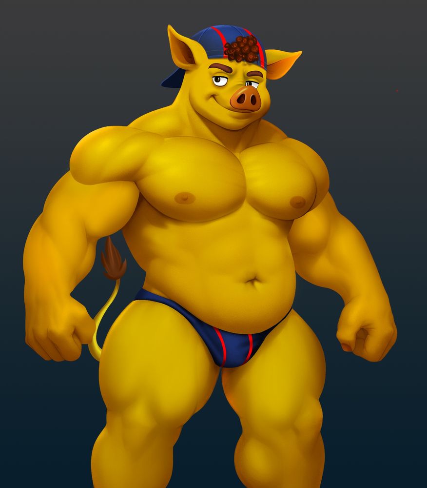 A golden anthropomorphig pic smirks, standing in a red striped blue speedo and hat. 