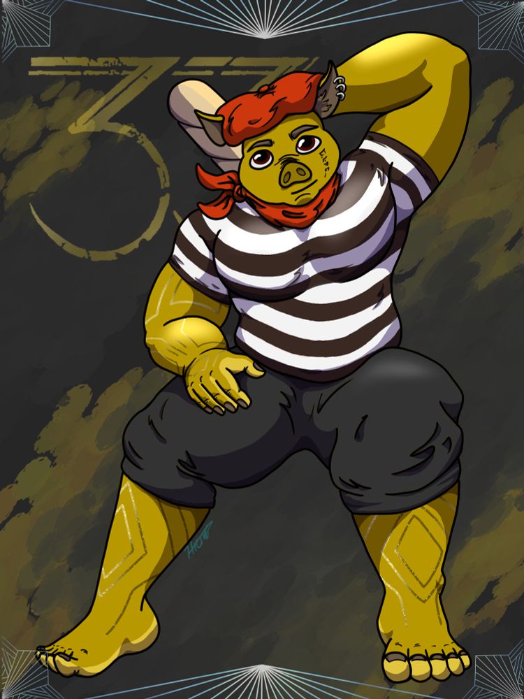 A golden anthropomorphic pig wearing a red beret, black and white striped t shirt and black pants rolled up to the knee, crouches, reaching for a baguette strapped to his back. He also has markings on both his legs and one arm and a string of characters going down his left cheek. 