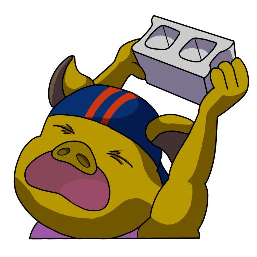 A golden anthropomorphic pig shouts, poised to throw a cinderblock. 
