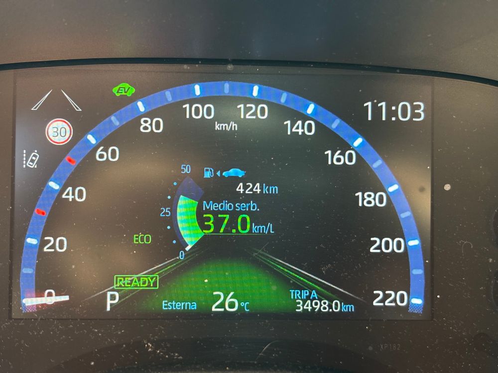 Quadro strumenti, polveroso, di una Yaris cross che indica un consumo di 37km/litro