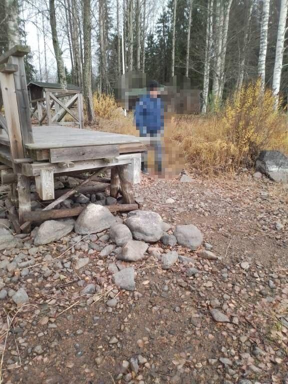 Kuva syksyiseltä järven rannalta. Kuvassa etuviistosta laituri, eli kuvaaja seisoo kuivan järven kivisellä pohjalla, useamman metrin päässä laiturista. 
Taustalla oranssiksi kuivuneita kaisloja, koivujen ja haapojen runkoja sekä blurrattu siniasuinen ihmishahmo. 