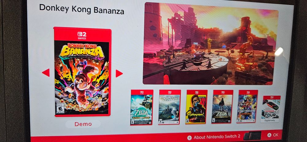 Donkey Kong Bananza demo on a Nintendo Switch 2 kiosk