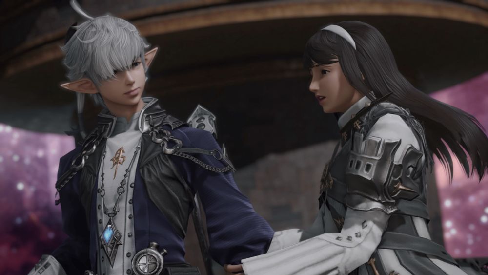 a landscape gpose with the focus on amaris (a brunette midlander teenage girl) and alphinaud in ultima thule. amaris is grabbing at his arm, a tear running down her cheek as she appears to be saying something to him. alphinaud is half turned towards her, a look of brief guilt on his face