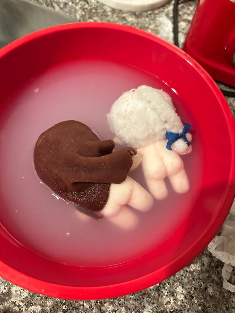 a poorly composed picture of two plushies of amaris and alphinaud in a bowl of detergent water. they are face down ass up