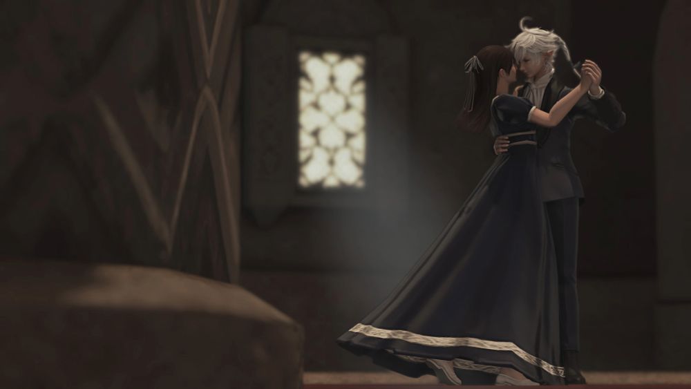 a landscape gpose of amaris (a bruntette teenage midlander girl) and alphinaud. they are both in blue formal wear, dancing in a secluded spot in the royal promenade of ul’dah. there is a light seeping through the window, spotlighting them. they are happy