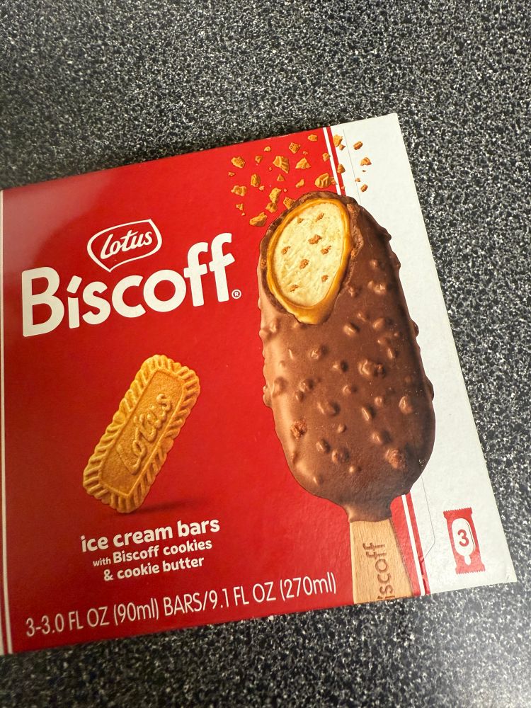 It’s just a box of Lotus brand Biscoff ice cream bars, with a chocolate coating, Biscoff cookie crumbles and cookie butter. They are even more delicious than they sound.