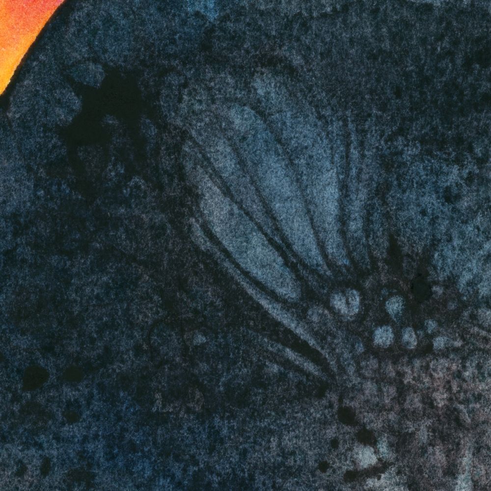 A small section of the painting, showing in detail an area of dark grey textures and a bright glimpse of orange in the upper left corner.