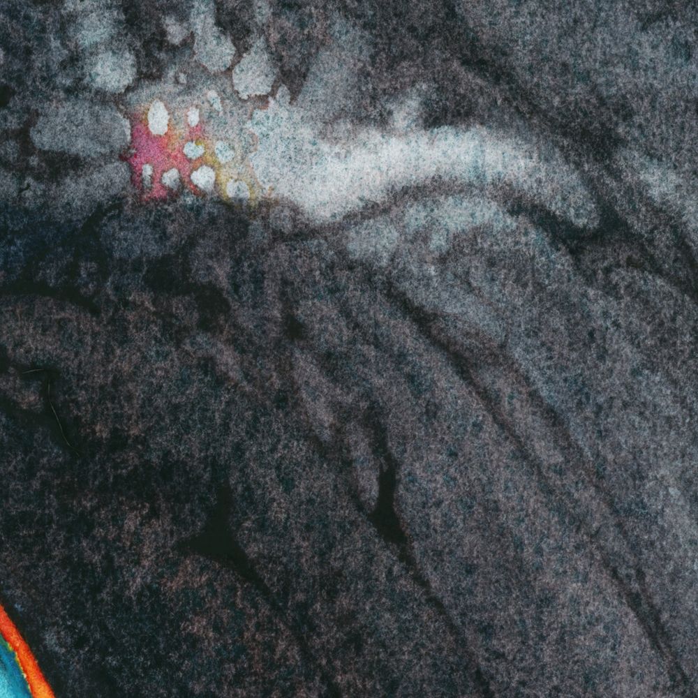A small section of the painting, showing in detail an area of dark grey textures, a part of it much lighter and brighter and punctuated by a small puddle of pink. In the lower left corner is a tiny flash of teal blue and orange.