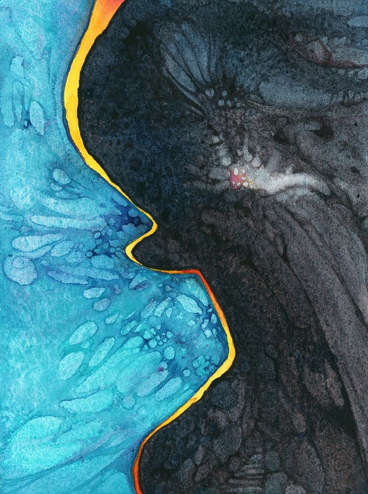 An abstract watercolor painting of two shapes with a lot of visual texture and movement. One shape is vibrant watery cobalt teal, and one is stony grey (with a peek of bright toothsome pink). The shapes writhe and collide together, with a thin fiery line of yellows and red slicing between them.