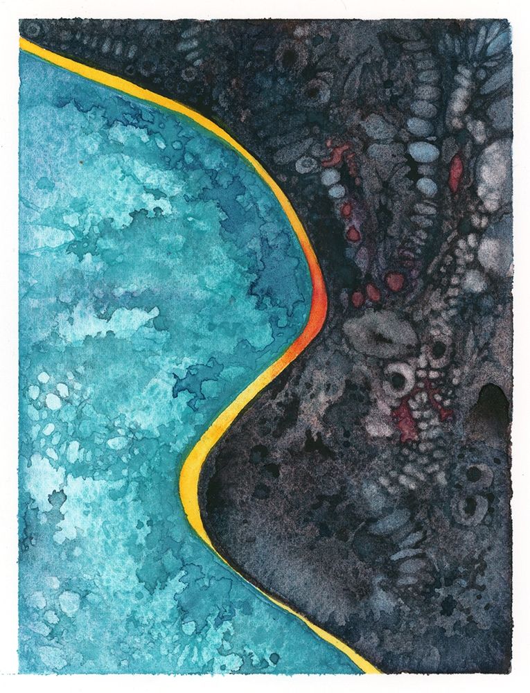 An abstract watercolor painting with a lot of visual textures. The left side of the painting is in hues of cobalt teal and indigo, in clusters of organic shapes that suggest looking into a blue depth. The right side is in different shades of grays punctuated with small areas of red. The abstract patterns create lines of similar shapes, resembling perhaps a stack of stones, columns of vertebrae, or rows of teeth. Between the two larger areas of colors winds a thin curving stripe of vibrant gold with red near the center of the painting.