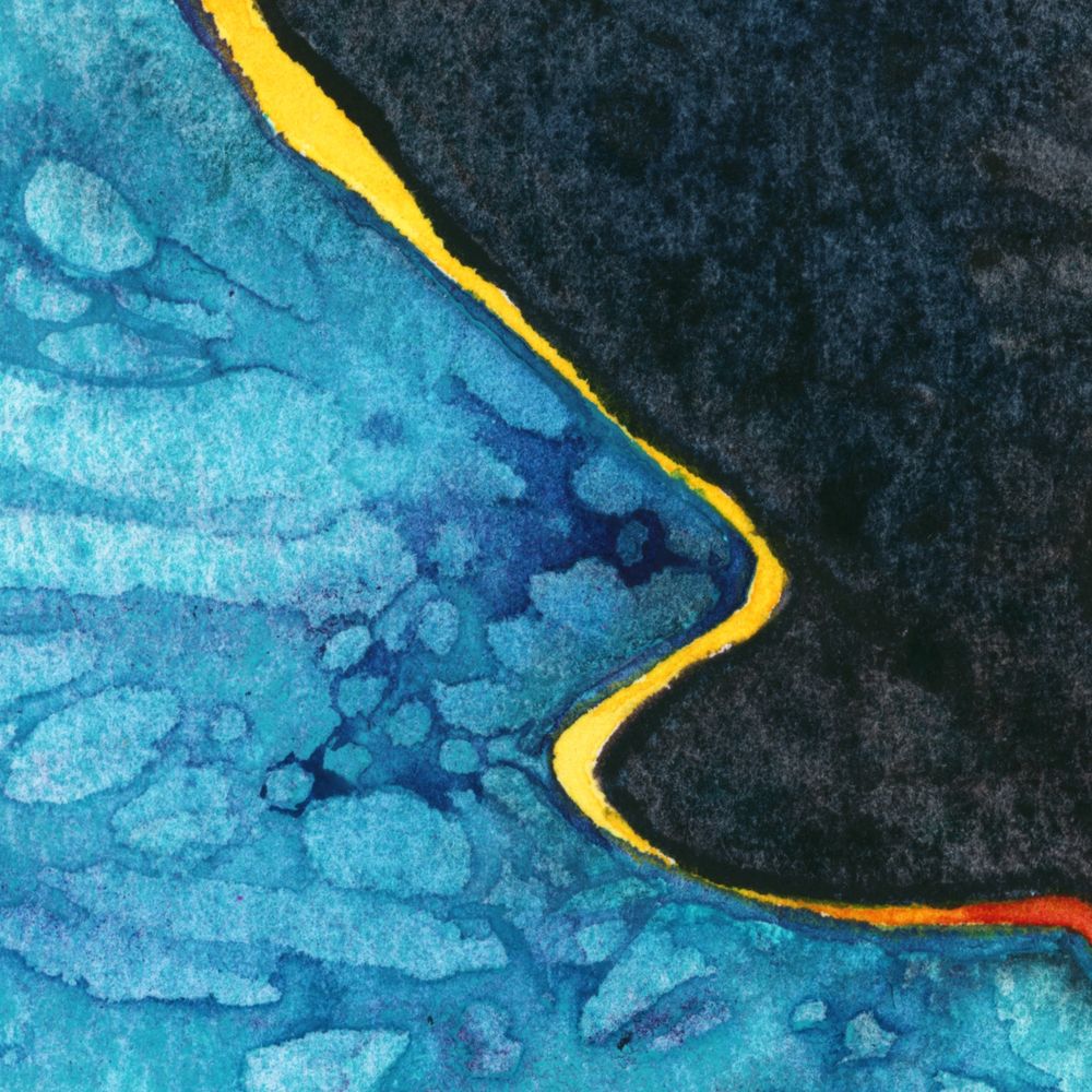 A small section of the painting, showing in detail an area of deep dark grey textures and a bright swirling streak of yellow that descends into red that creates a barrier for a sweeping section of cobalt teal with a narrow cavernous shadow of indigo.