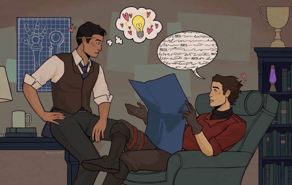 A drawing of Jayce and Viktor from League of Legends. Jayce is sitting on a table, facing Viktor, who is sitting in a green armchair and holding a set of blueprints. Jayce's eyes are wide in quiet realization, a thought bubble containing a lightbulb and hearts floating around it above his head. Viktor is distractedly talking about math. There is a stack of books, a lamp, and a mug on the table. Behind Jayce is a blueprint for a claw. Scattered on the wall are miscellaneous papers. Behind Viktor is a bookshelf full of books, with a lava lamp on one of the shelves. There is a large trophy on the top of the shelf.