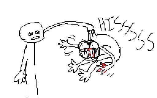 cartoon image of a person covered in blood and hissing. their teeth are pointed and sharp. they are being held up by the scruff of their neck like a cat by another, more calm person.