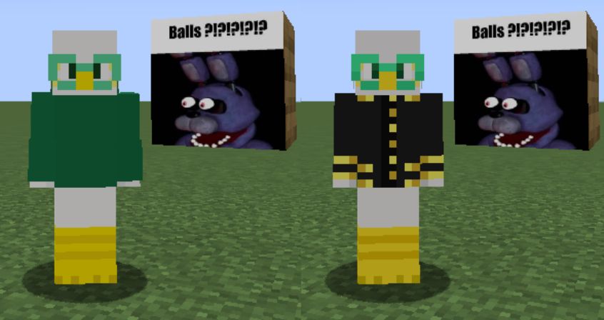 my goober alex but with a clothe on (plain green hoodie on left, cool jacket on right)