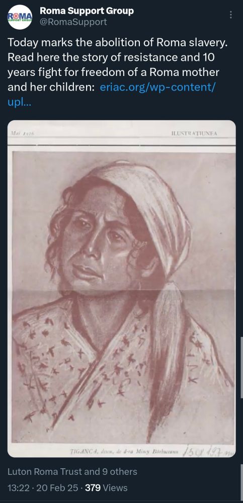 Image of a tweet from X by @RomaSupport reading: "Today marks the abolition of Roma slavery. Read here the story of resistance and 10 years fight for freedom of a Roma mother and her children" accompanied by a portrait of a Roma woman and the following link: https://t.co/g7065FCnSn