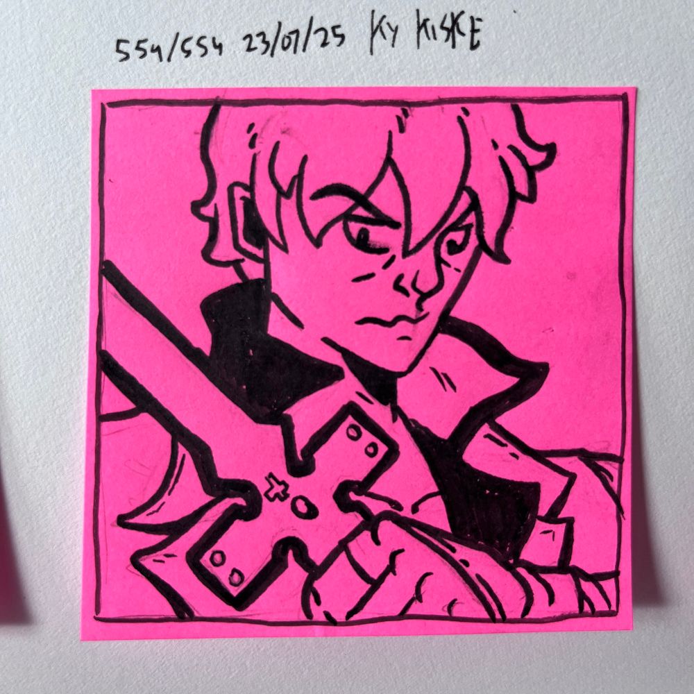 Sticky note sketch of Ky Kiske, a character from the Guilty Gear series of fighting games. 