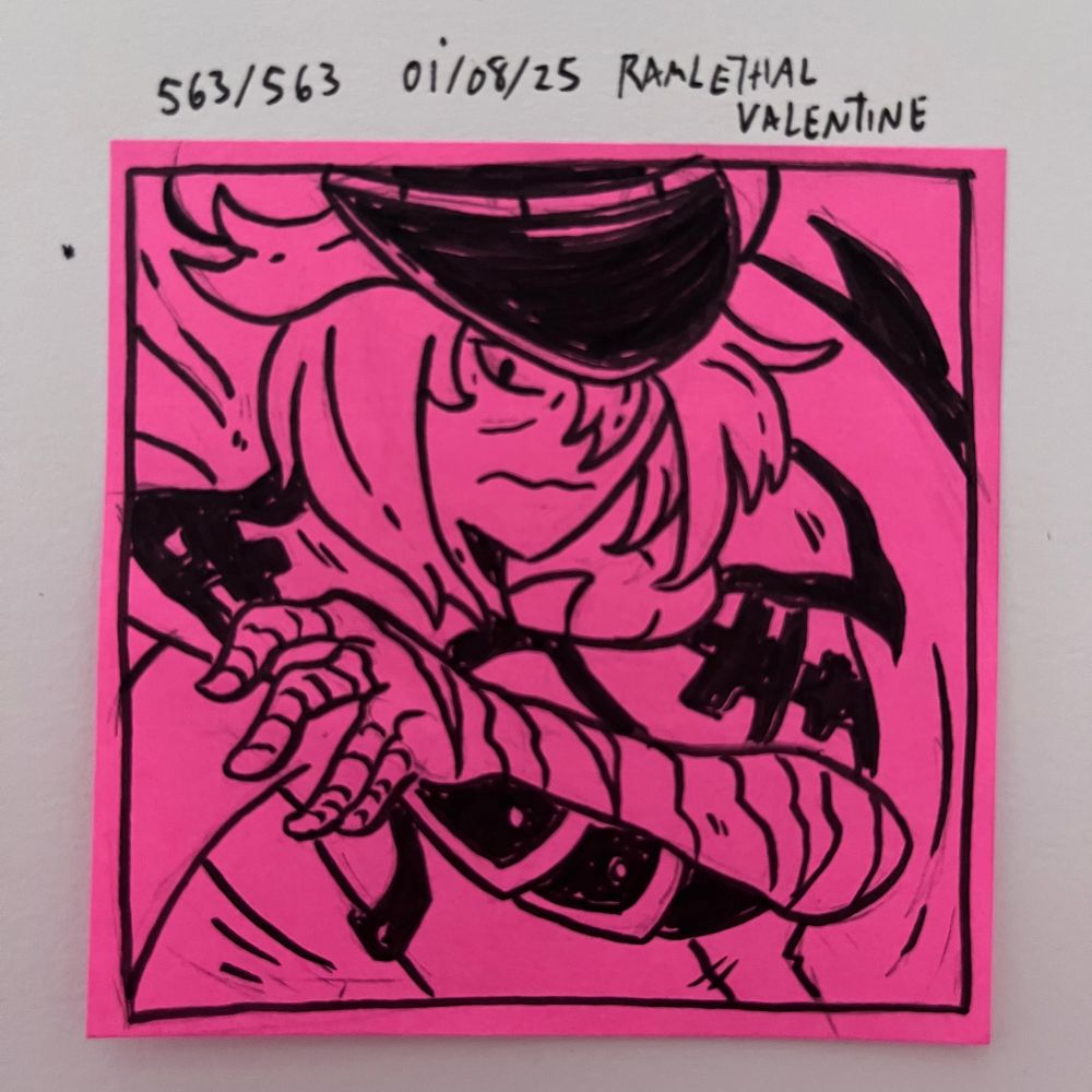 Sticky note sketch of Ramlethal Valentine, a character from the Guilty Gear series of fighting games. 