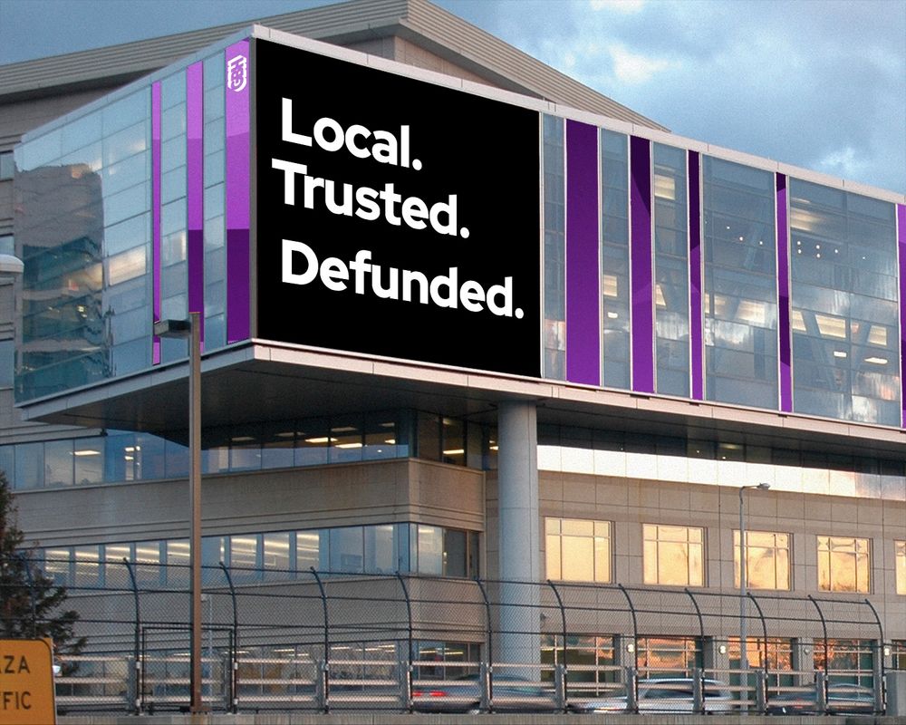 "Local. Trusted. Defunded." is featured on the GBH Mural in Boston, Mass., on July 18, 2025.
