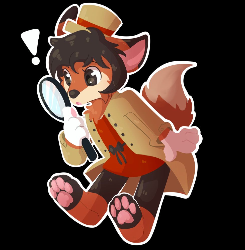 A small anthropomorphic fox with a tan coat, red dress/shirt underneath, and black pants. Also wearing a small tan tophat with a red stripe, they are looking into a large magnifying glass. An inquisitive expression enhanced by an exclamation point above their head.